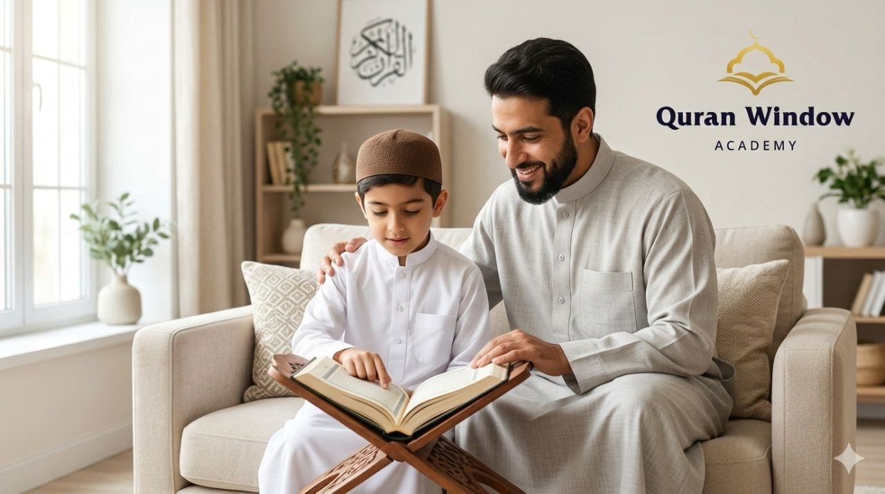 Father guiding his child during Quran lessons for my son at Quran Window Academy with professional Tajweed instruction