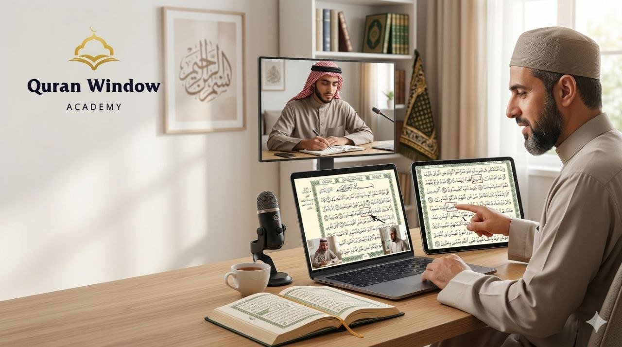 Word for word Quran teacher explaining Quran vocabulary during an online Quran lesson.