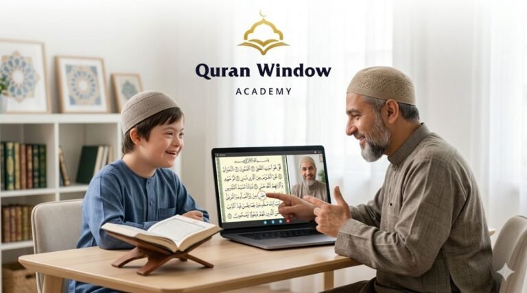Teacher teaching Quran to children with Down syndrome during an online Quran class